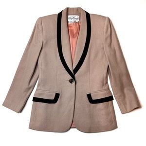 Vintage Oleg Cassini Neutral Beige Black 100% Wool Blazer Size 2